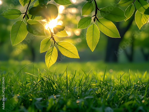 Sunlit Green Leaves and Grass Illustration