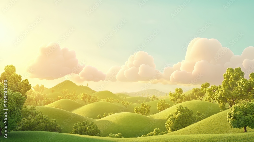 Obraz premium illustration of Summer fields landscape with a dawn,Rainbow, green grass hills, bright color blue sky, country background,banner resting vacation.