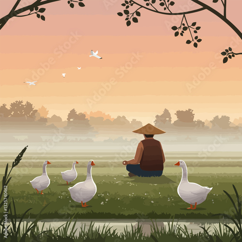 Person Meditating in a Field with Geese at Sunrise Illustration
