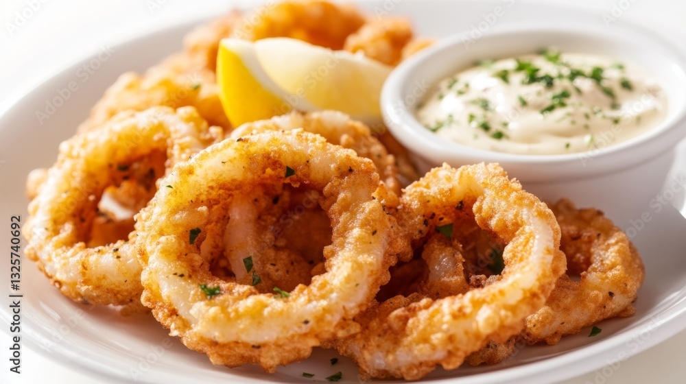 Crispy Fried Onion Rings Served with Lemon and Dipping Sauce Crispy Fried Onion Rings Served with Lemon and Dipping Sauce