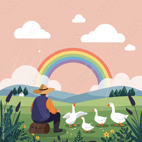 Farmer Watching Geese Rainbow Sky and Landscape Illustration in Peaceful Setting