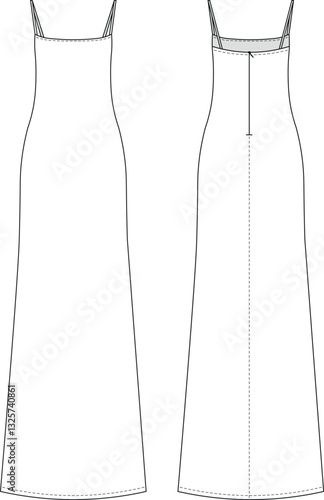 sleeveless strapped strappy spaghetti straps square neck zippered a line ling maxi dress template technical drawing flat sketch cad mockup fashion woman design style model 
