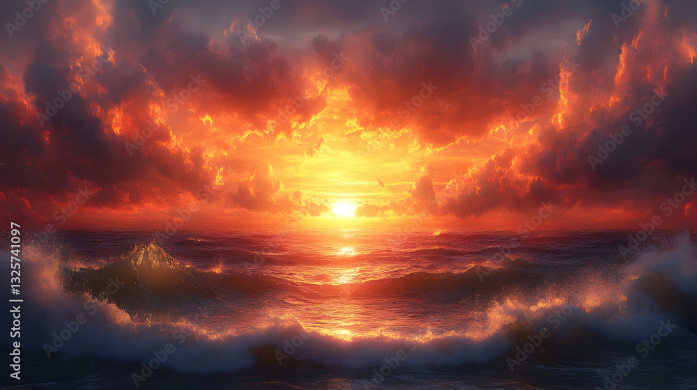 Fototapeta premium Fiery Sunset Ocean Illustration