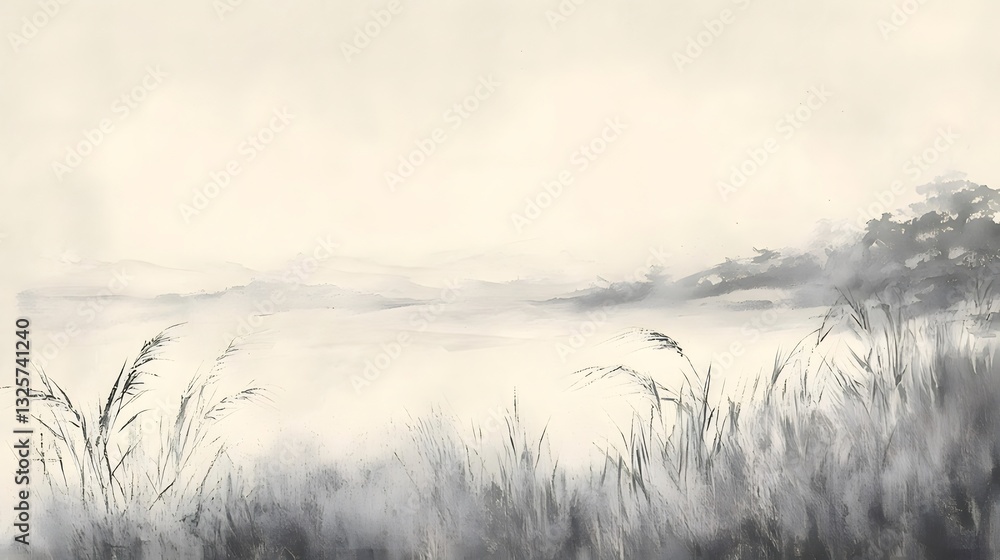 Serene Foggy Landscape with Tall Grasses and Distant Trees Serene Foggy Landscape with Tall Grasses and Distant Trees