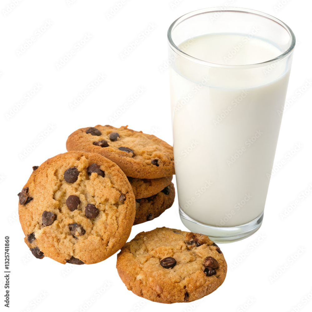 A glass of milk beside a stack of chocolate chip cookies, creating a classic and inviting snack combination isolated on transparent background. A glass of milk beside a stack of chocolate chip cookies, creating a classic and inviting snack combination isolated on transparent background.