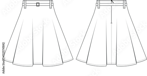 mid rise mid waist belted zippered flared mini short skirt  template technical drawing flat sketch cad mockup fashion woman design style model 
