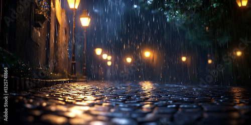 Heavy rain falls onto a dark, slick cobblestone path illuminated by warm street lamps creating strong reflections for a cinematic atmosphere.