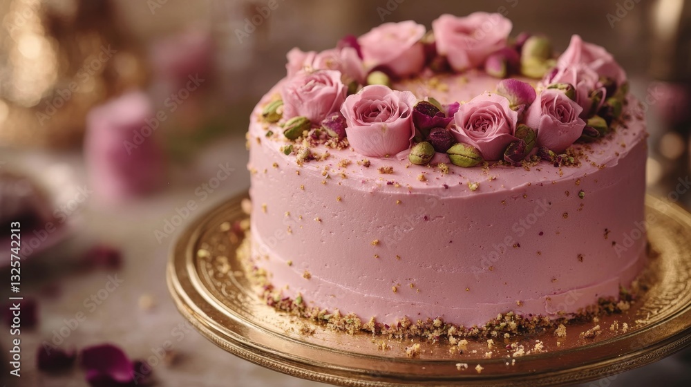 Elegant Pink Cake with Roses and Pistachios on Golden Stand Elegant Pink Cake with Roses and Pistachios on Golden Stand
