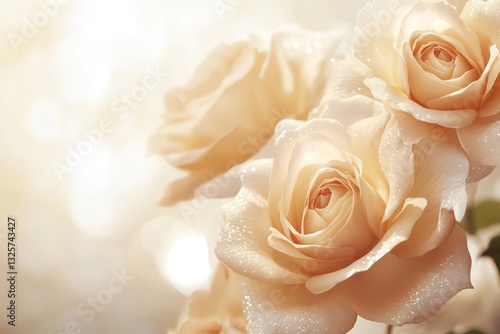 Fototapeta Naklejka Na Ścianę i Meble -  A soft and elegant wallpaper featuring pastel golden roses with subtle diamond shimmer, set against an ivory background.