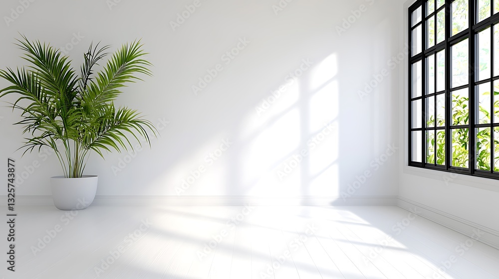 Minimalist white room with natural light and potted plant Minimalist white room with natural light and potted plant