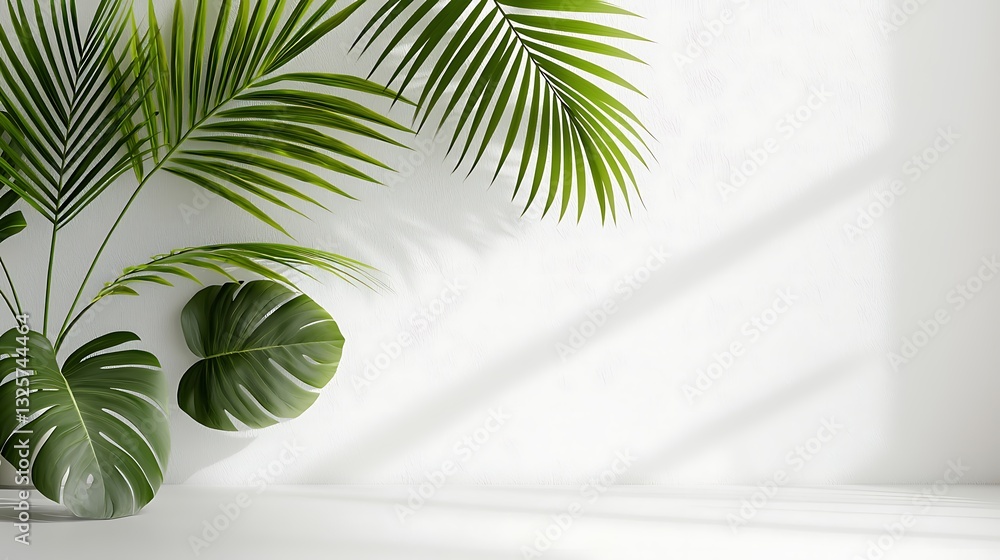 Fototapeta premium Tropical leaves in a minimalist white room with soft ambient shadows