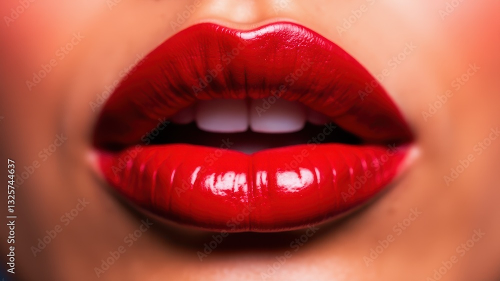 Juicy lips with vibrant red lipstick, slightly parted to reveal white teeth Juicy lips with vibrant red lipstick, slightly parted to reveal white teeth