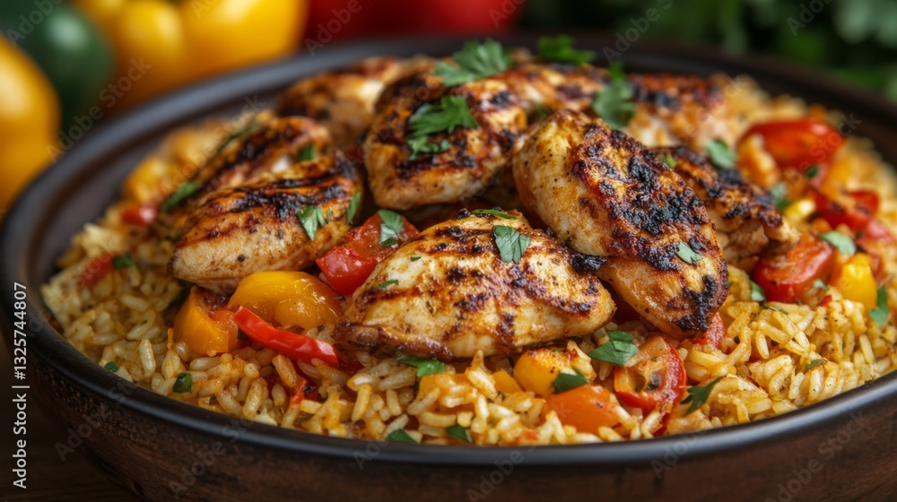 Grilled Chicken Served Over Colorful Rice and Fresh Vegetables Grilled Chicken Served Over Colorful Rice and Fresh Vegetables