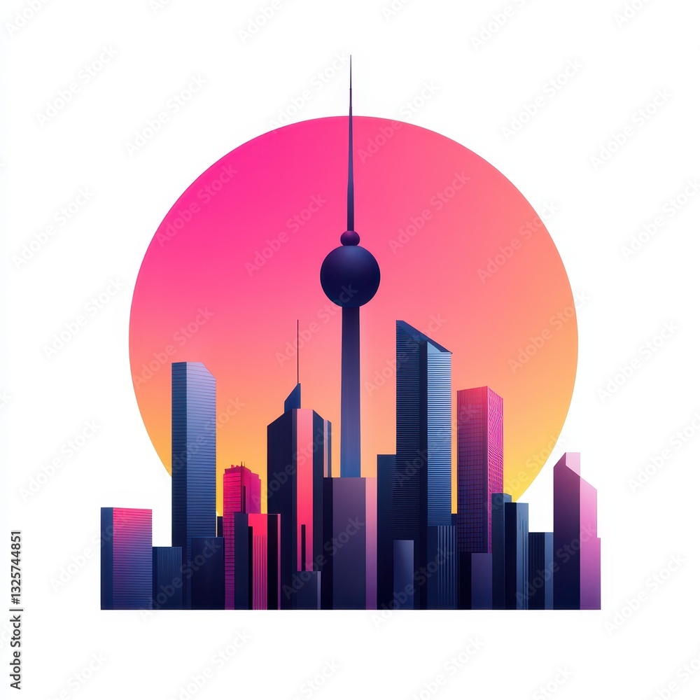 Obraz premium Modern City Skyline with Colorful Sunset Background and Silhouettes