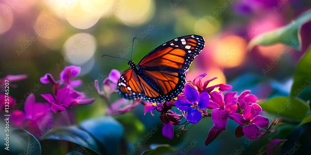 Obraz premium Vibrant orange butterfly rests upon purple and pink wildflowers in a lush garden setting with bokeh.