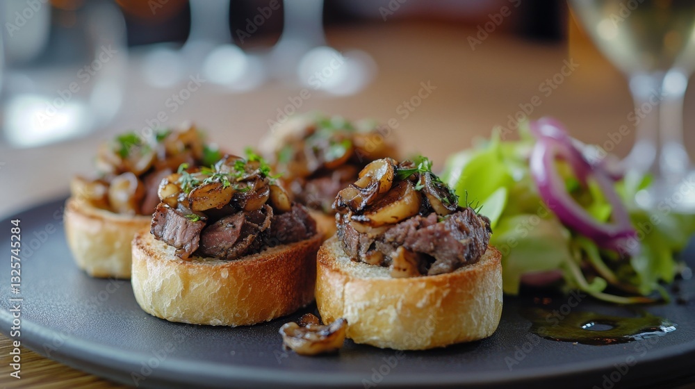 Savory Appetizers with Beef and Mushroom Topping on Crostini Savory Appetizers with Beef and Mushroom Topping on Crostini