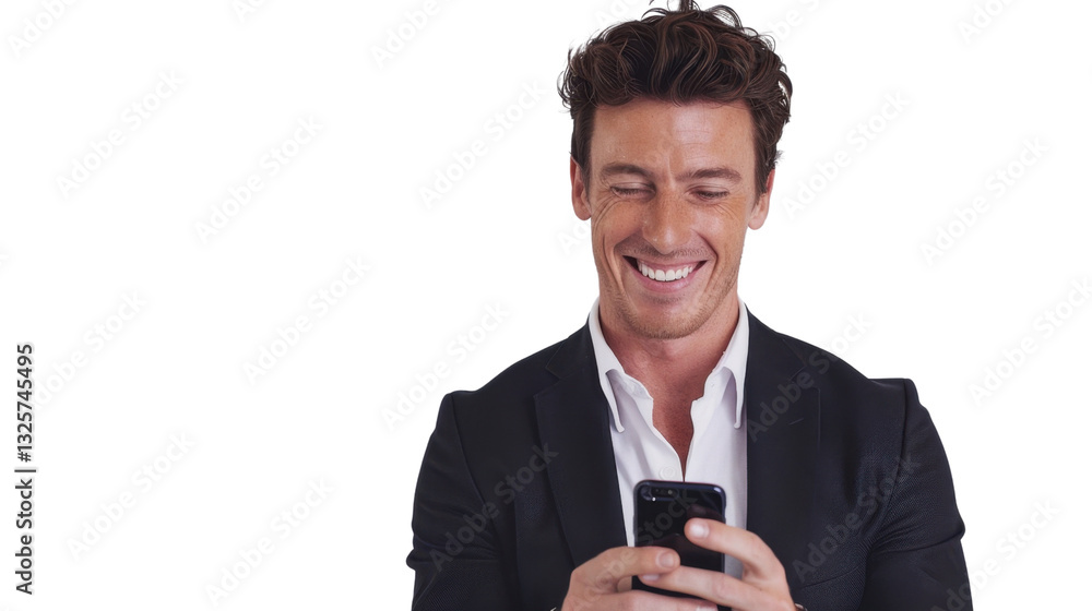 Smiling businessman using smartphone with transparent background Smiling businessman using smartphone with transparent background