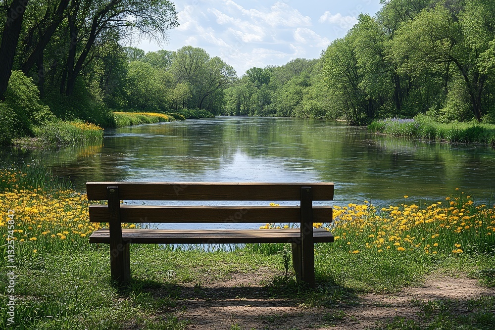 Scenic view of Fox River with lush greenery, wildflowers, and an empty wooden bench overlooking the calm reflective water. Peaceful nature landscape for relaxation and contemplation. Scenic view of Fox River with lush greenery, wildflowers, and an empty wooden bench overlooking the calm reflective water. Peaceful nature landscape for relaxation and contemplation.