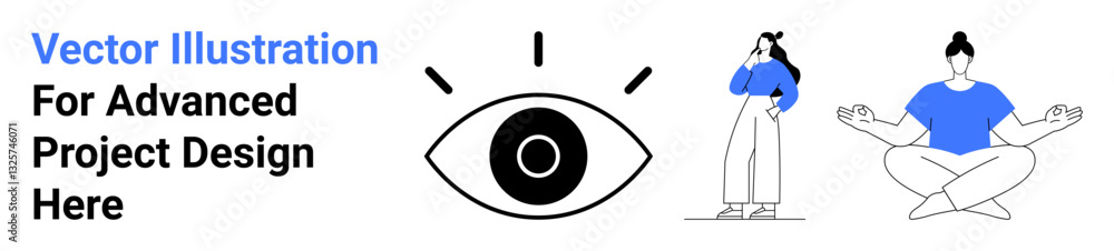 Focused eye icon with radiating lines, a thoughtful woman standing, and a calm person meditating in yoga pose. Ideal for creativity, mindfulness, vision, focus, self-awareness, team ideas flat Focused eye icon with radiating lines, a thoughtful woman standing, and a calm person meditating in yoga pose. Ideal for creativity, mindfulness, vision, focus, self-awareness, team ideas flat