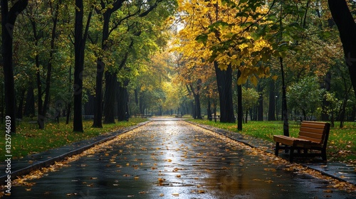 Dew-kissed park road, strewn with golden leaves; verdant patch dances beside it, inviting autumn's embrace. A serene moment frozen in time