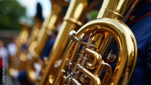 Close-up of a marching band tuba with shiny brass details, highlighting the intricate valves and tubing.