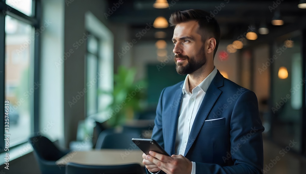 The Visionary: A sharply dressed man in a business suit stands in a modern office, holding a tablet. Focused, he gazes into the distance, ready to conquer the challenges ahead. The Visionary: A sharply dressed man in a business suit stands in a modern office, holding a tablet. Focused, he gazes into the distance, ready to conquer the challenges ahead.