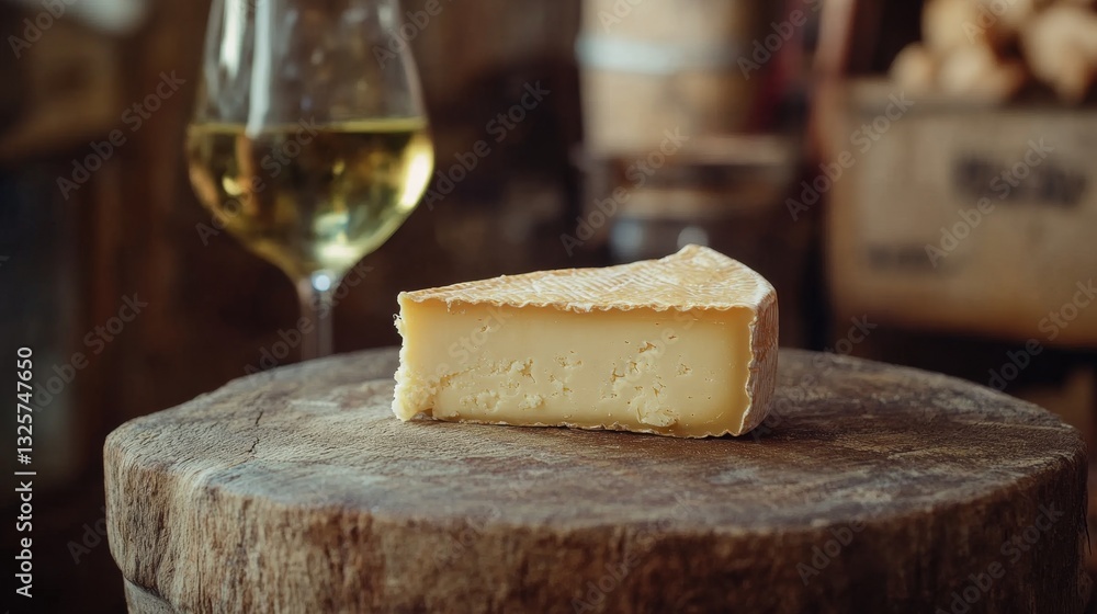 Gourmet Cheese Slice on Rustic Wood Surface with Glass of Wine Gourmet Cheese Slice on Rustic Wood Surface with Glass of Wine