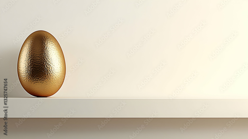 Fototapeta premium Golden egg on white shelf, minimalist background, Easter concept