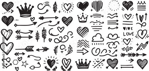 Line shape marker underline, arrow, heart brush element set. Hand drawn sketch marker underline shape, arrow, heart scribble brush pen stroke element. Crown, love graphic icon. Vector illustration 