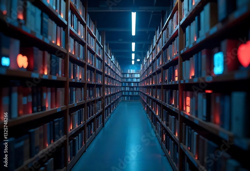 Wallpaper Mural Generative AI Imagines a Luminous Library Nocturne: Rows of Books Illuminated in a Deep Blue Glow Torontodigital.ca
