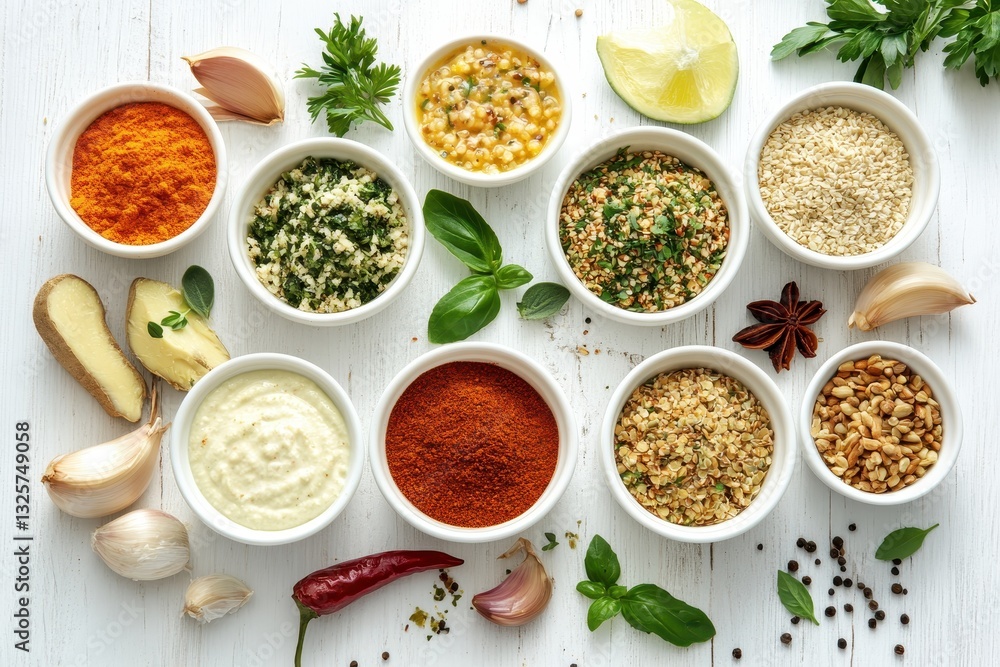 Various spices and sauces in bowls. Perfect for cooking, food blogs, and recipe websites. Various spices and sauces in bowls. Perfect for cooking, food blogs, and recipe websites.