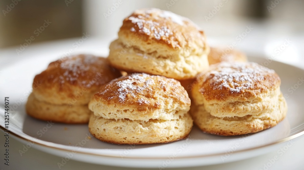 Freshly Baked Scones with Powdered Sugar on a White Plate Freshly Baked Scones with Powdered Sugar on a White Plate