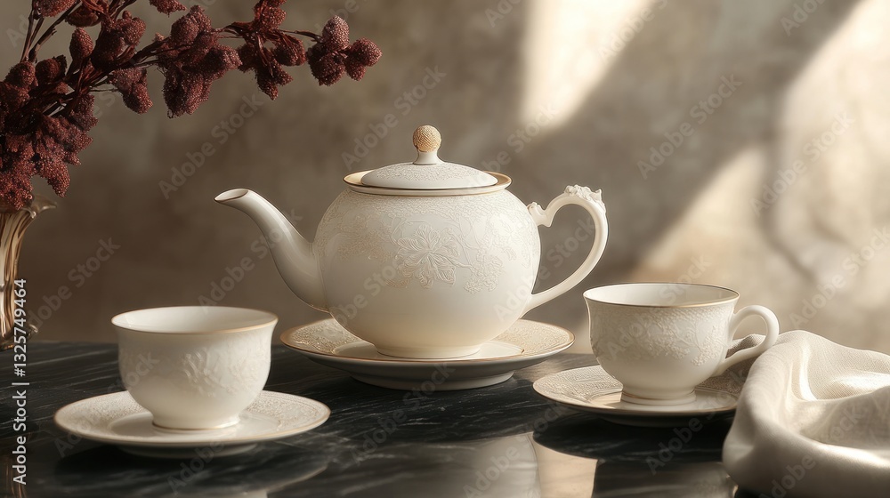Elegant tea set on marble table with flowers in background Elegant tea set on marble table with flowers in background