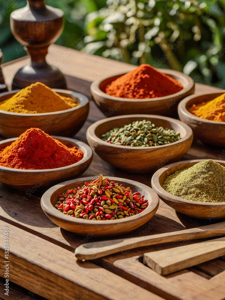 Fototapeta premium Colorful collection of spices displayed on a wooden tray in a sunlit garden setting.