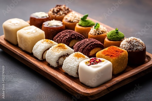 Wooden tray displaying variety of delicious and colorful petit fours photo