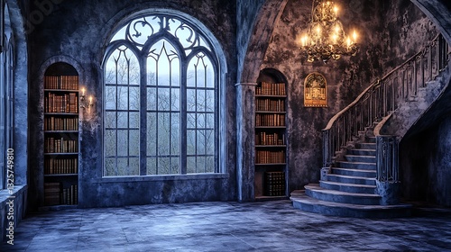 Interior, Gothic room, view through window, with spiral staircase, library, moody ambiance, for visual media