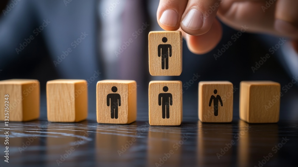 Naklejka premium Stacking Wooden Blocks with Human Icons in Business Setting