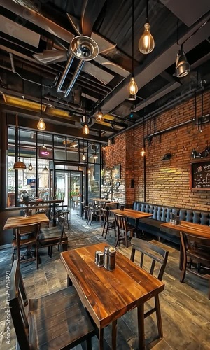 Wallpaper Mural Cozy urban caf? interior with wooden furniture, warm lighting, and brick walls, bustling with patrons Torontodigital.ca