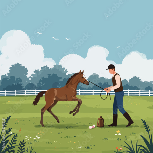Training Young Horse Illustration Man Leading Foal in Field