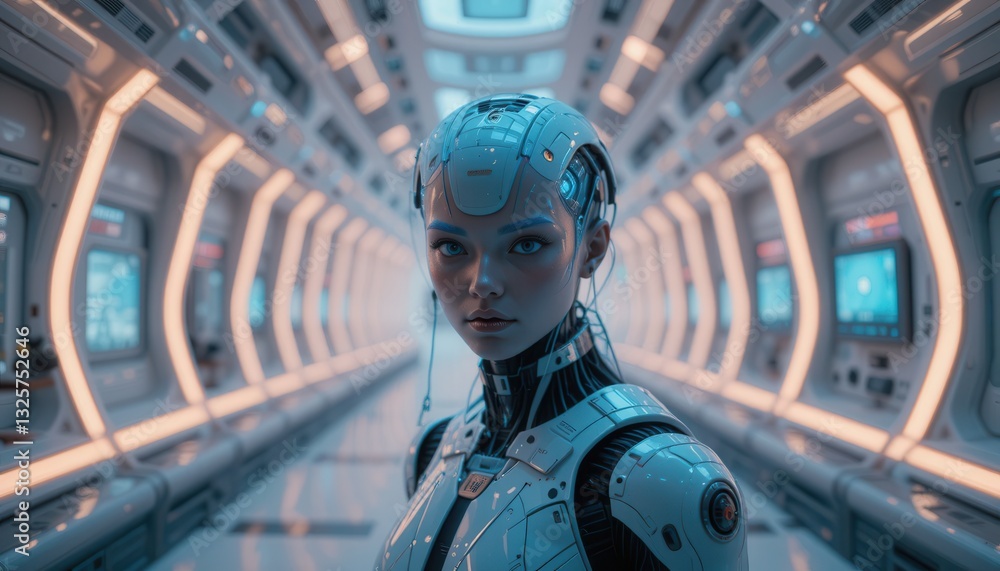 Futuristic robot exploration space station digital art sci-fi environment close-up view advanced technology concept