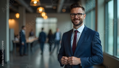 Confident Business Leader: A poised, professionally dressed individual stands confidently in a modern business setting. His smile suggests competence and approachability.