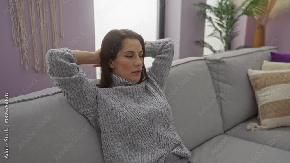 Woman relaxing on a sofa in a cozy living room with soft pillows and plants, wearing a grey sweater and exhibiting a calm demeanor, suggesting a peaceful indoor environment. Woman relaxing on a sofa in a cozy living room with soft pillows and plants, wearing a grey sweater and exhibiting a calm demeanor, suggesting a peaceful indoor environment.