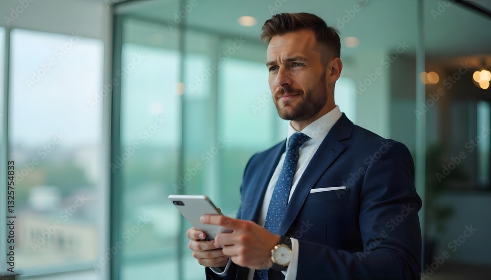 Focused Professional in Modern Office: A distinguished businessman, clad in a sharp suit, holds a digital tablet as he gazes thoughtfully. Focused Professional in Modern Office: A distinguished businessman, clad in a sharp suit, holds a digital tablet as he gazes thoughtfully.