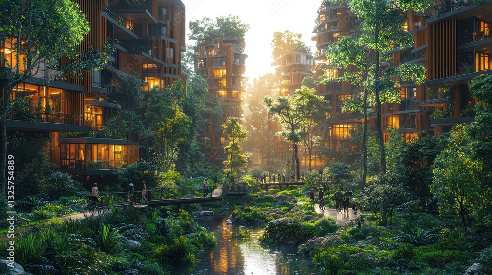 Lush green pathway between modern eco-friendly buildings. Lush green pathway between modern eco-friendly buildings.