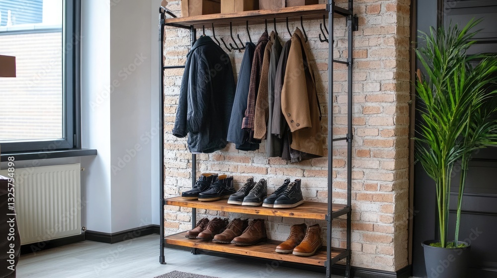Industrial-style freestanding coat rack with multiple hooks and a shoe shelf. Industrial-style freestanding coat rack with multiple hooks and a shoe shelf.