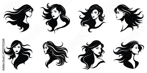Stylish woman silhouette with elegant hairstyle and glamourous flower accent in a vector illustration