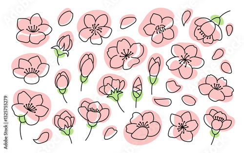 Cherry blossom flowers set. Outline illustration. Doodle style. Hand drawn cherry flowers Isolate on white. Sakura collection.