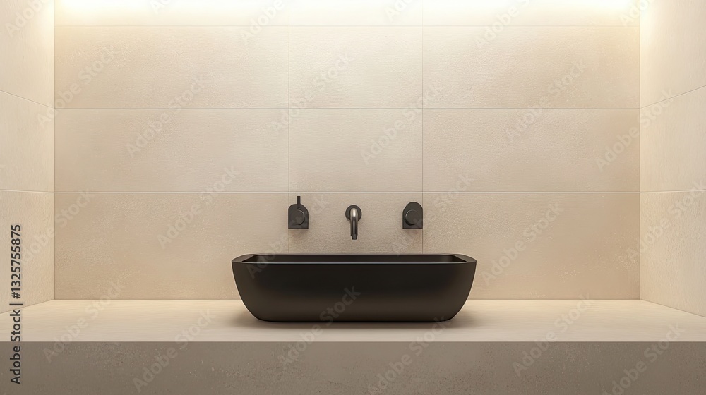 Minimalist bathroom with soft beige walls and dark fixtures for contrast. Minimalist bathroom with soft beige walls and dark fixtures for contrast.