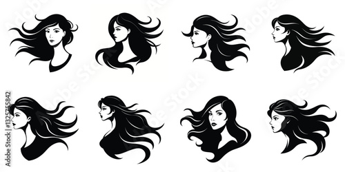 Collection of Women's Portraits with Long Flowing Hair, Stylized Black and White Illustrations Set