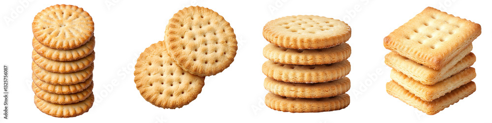 Assortment of golden crispy and crunchy crackers stacked in vertical and horizontal arrangements showcasing their appetizing shapes and sizes Assortment of golden crispy and crunchy crackers stacked in vertical and horizontal arrangements showcasing their appetizing shapes and sizes